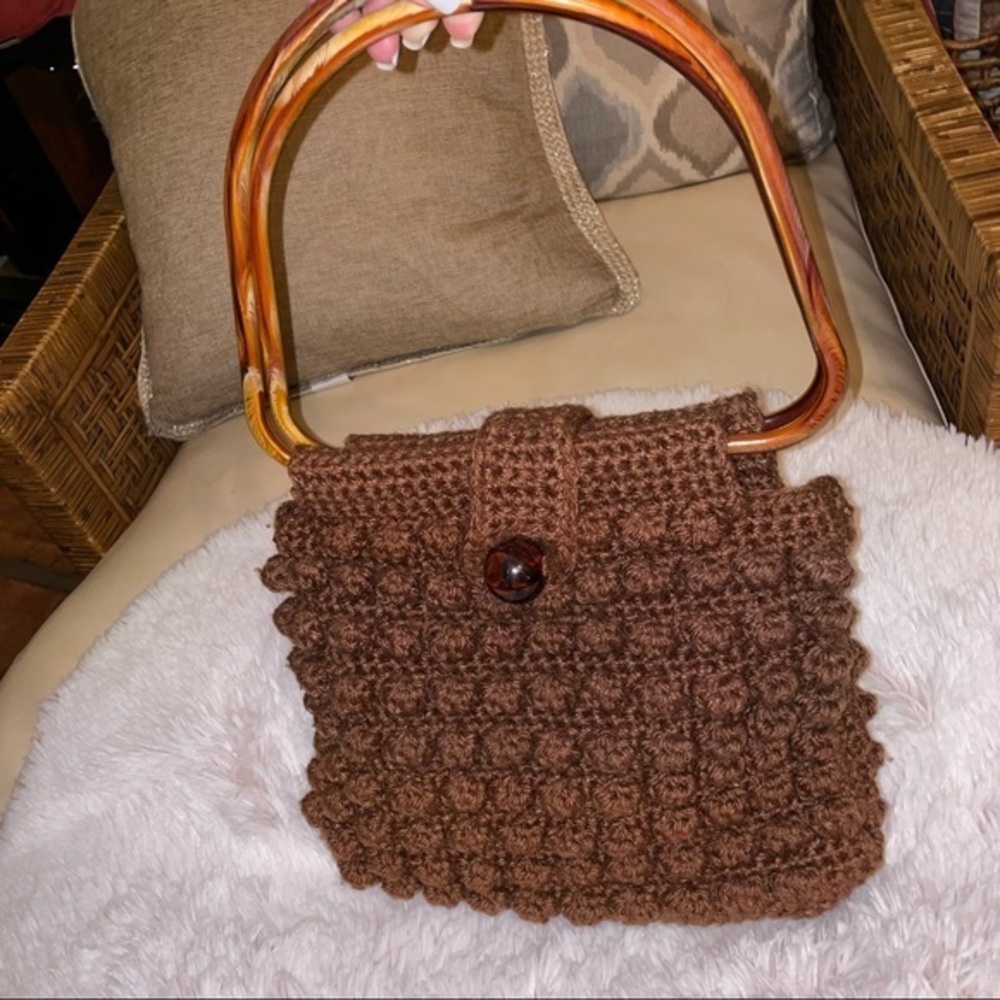 brown Vintage Crochet Handbag with Plastic wood like handle